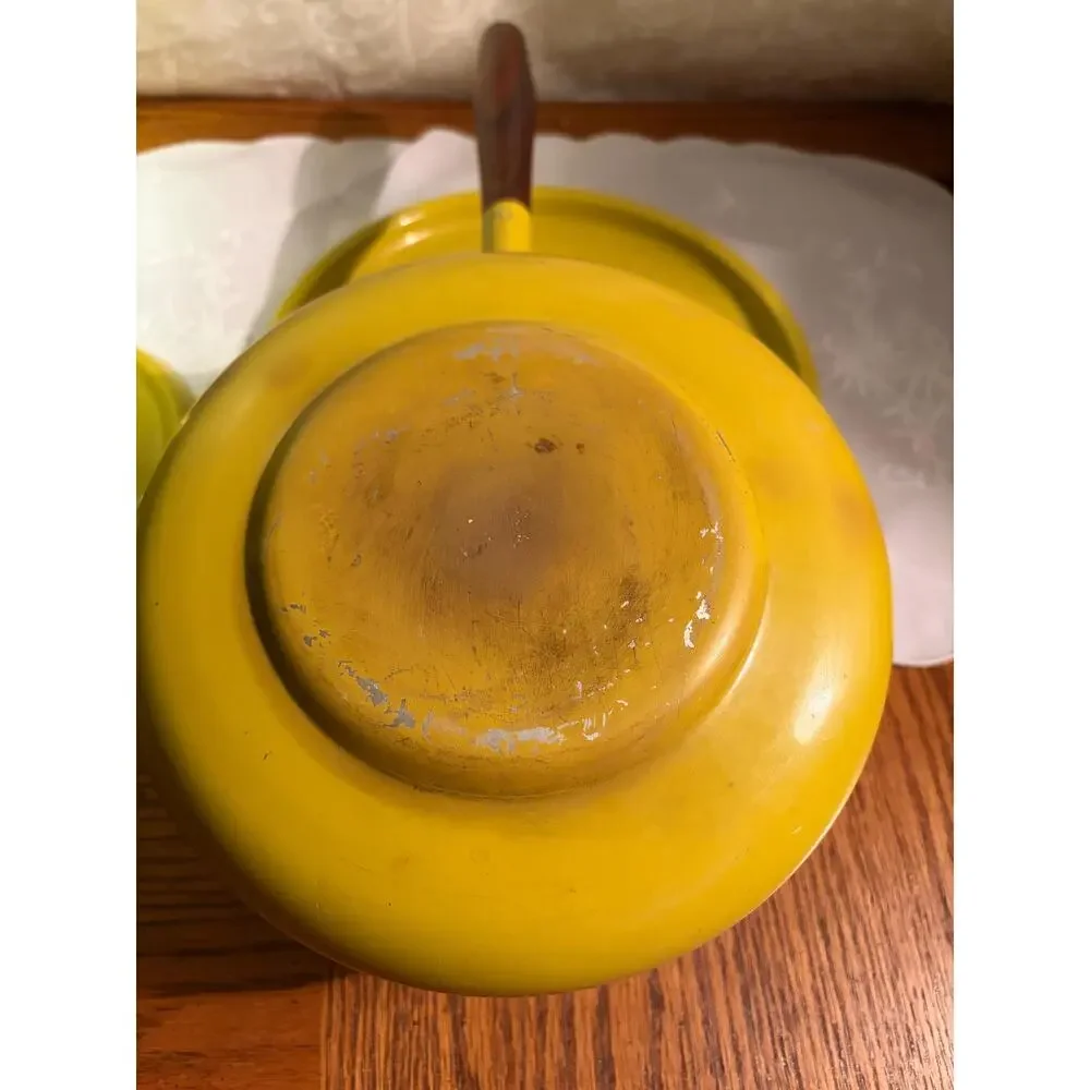 Vintage 1970s Mustard Yellow Enamel Fondue Pot with wood handle and drip tray